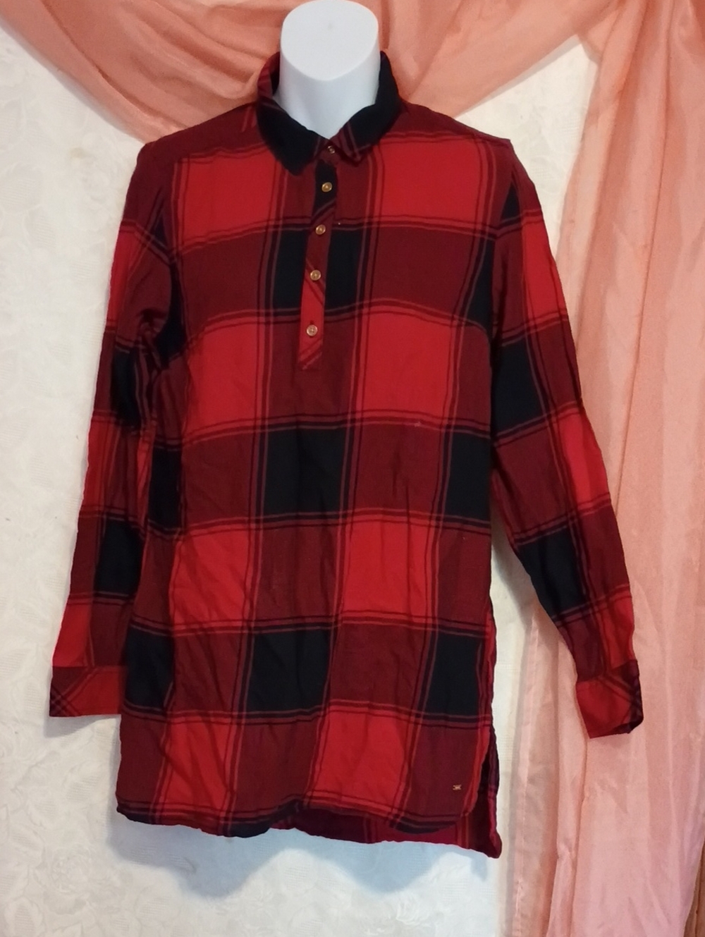 Tommy Hilfiger Ladies Red & Navy Blue Checkered Tunic Button Down Top Sz XS - Picture 3 of 7